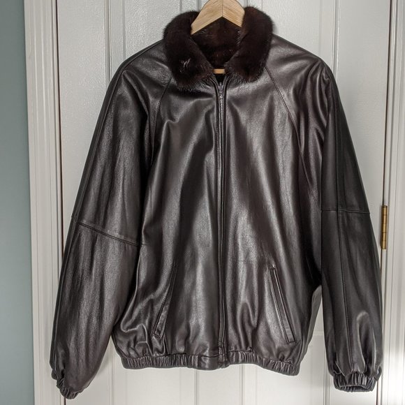 Other - Men's brown leather fur reversible bomber jacket